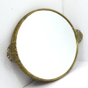 Vanity Perfume Dresser Mirror Gold Oval Vintage Mid Century Hollywood Regency